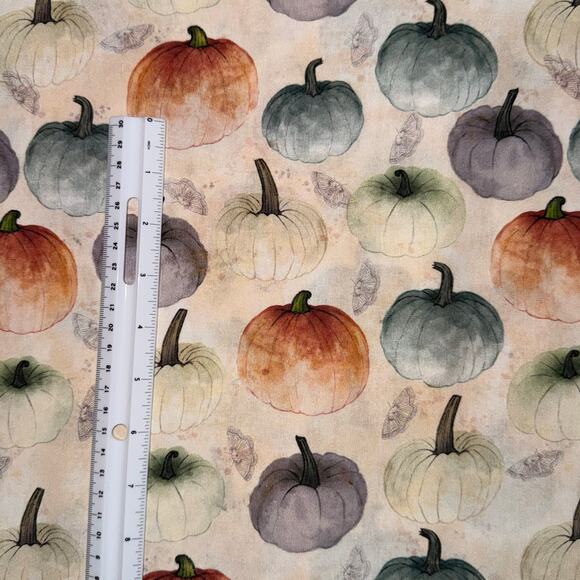 Fall Harvest Watercolor Pumpkin Cotton Fabric | 3/4 Yard | Halloween Moth Pastel - Picture 2 of 6